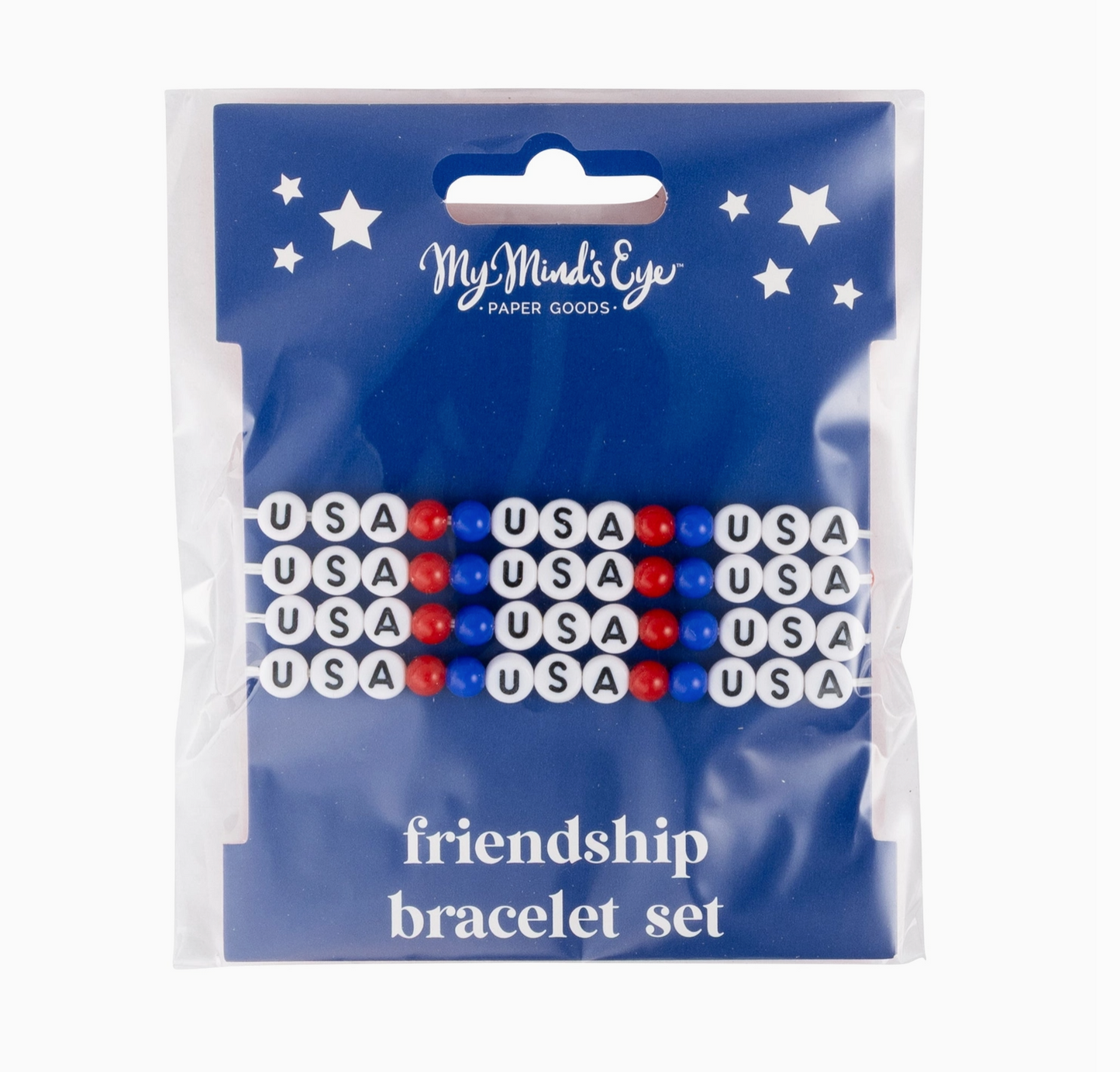 A packaged set of four friendship bracelets with red and blue beads, and 'USA' text displayed on a blue background with stars.