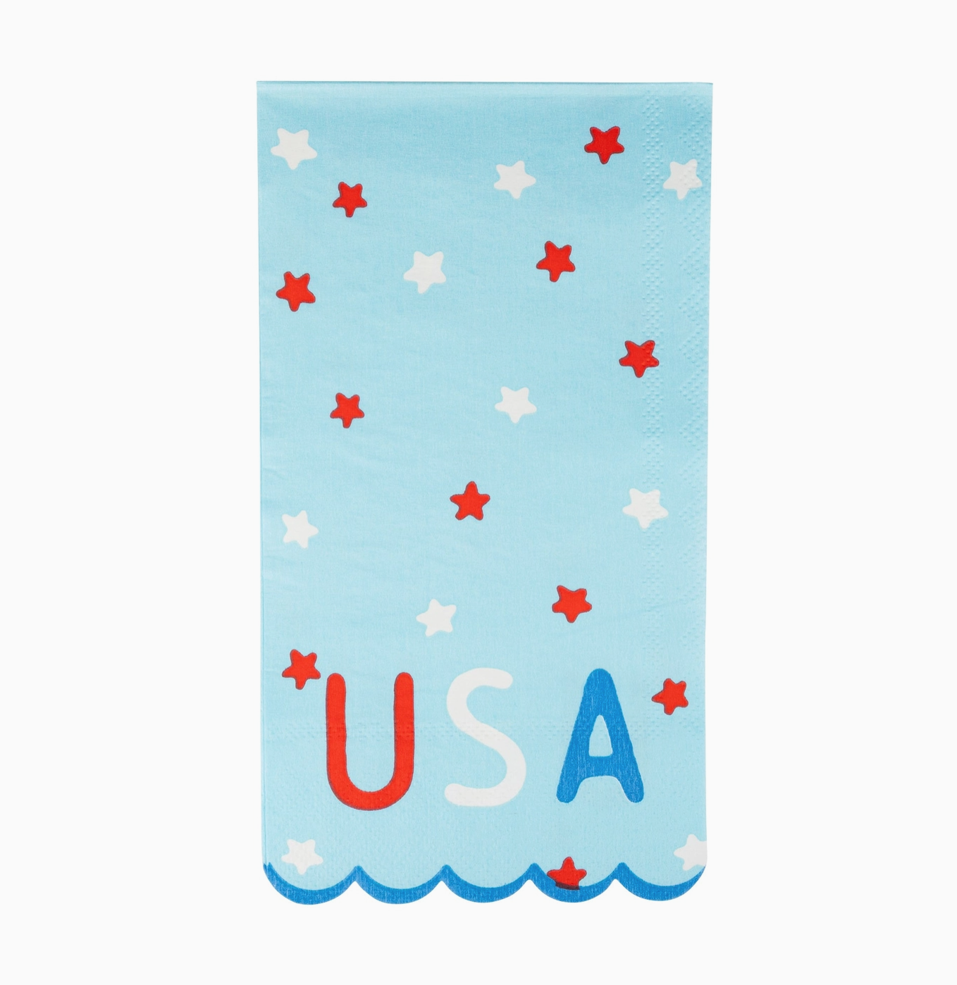 A paper napkin with a blue background featuring red and white stars, and the text 'USA' in bold letters.