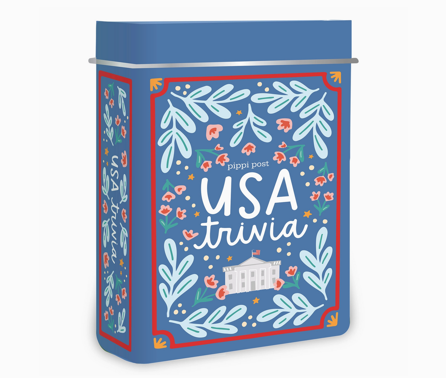 Blue book titled 'USA trivia' with decorative elements on a white background