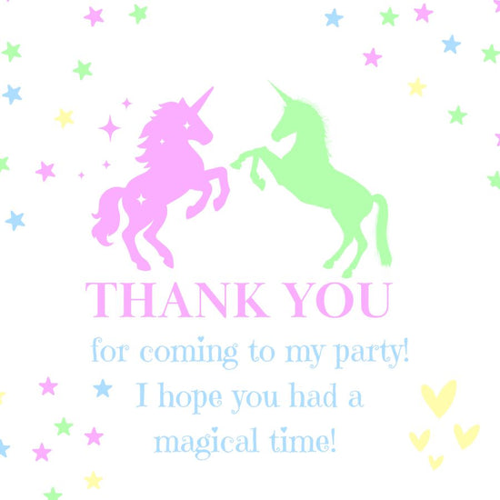 Thank you card with pink and green unicorns and colorful stars on a white background