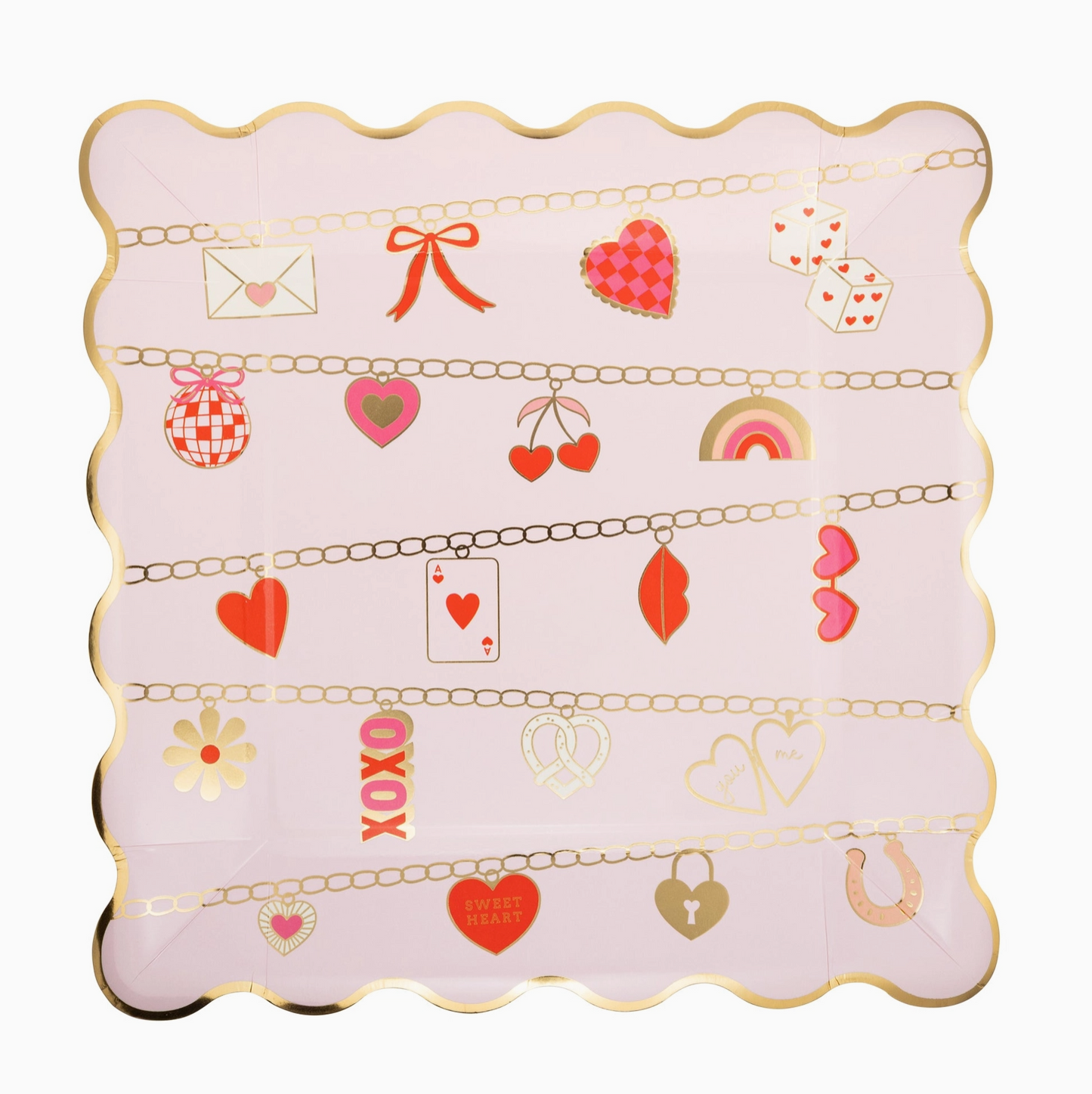 Decorative pink paper plate with various icons on a white background