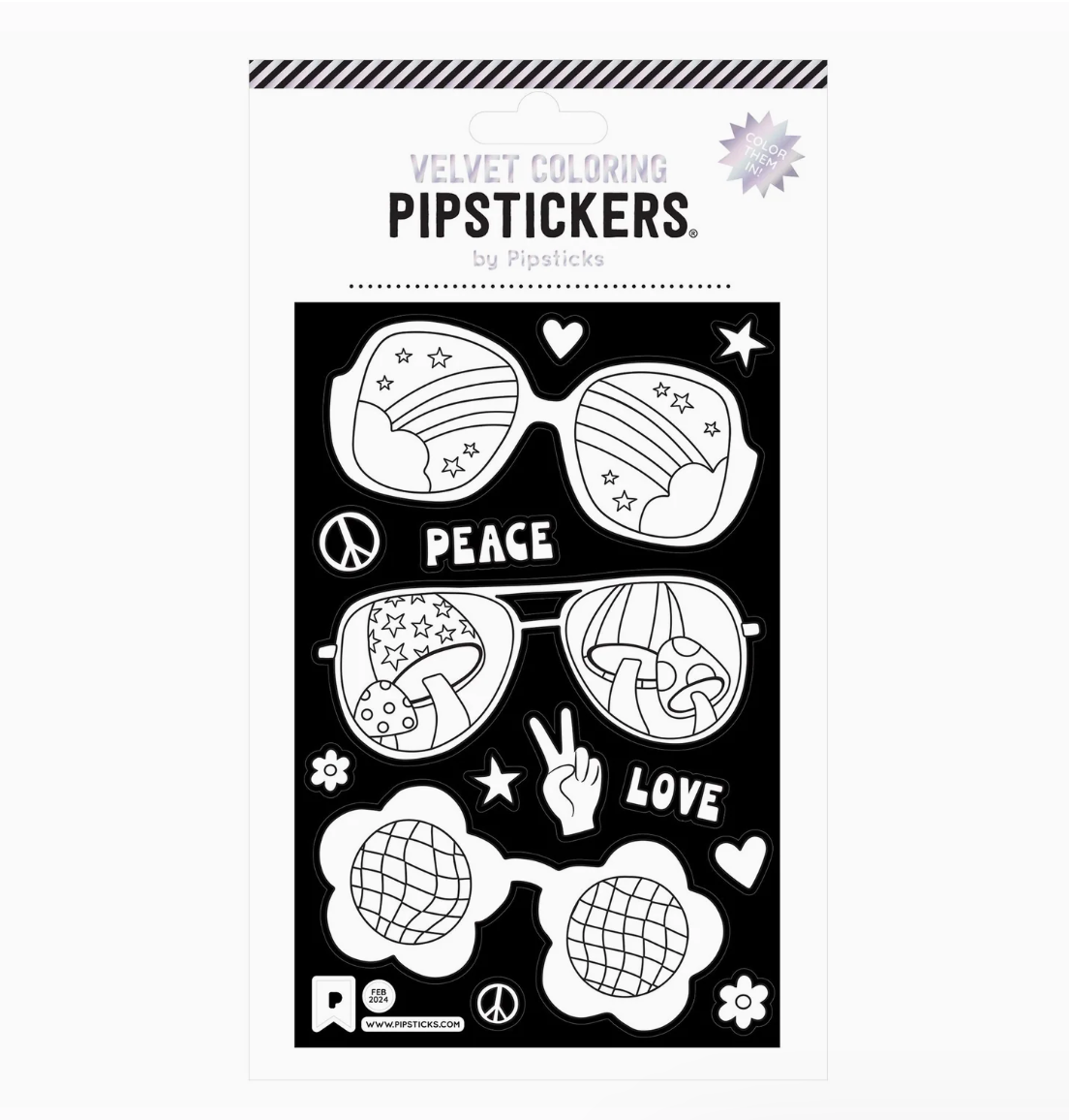 A sheet of black and white coloring stickers by Pippistickers, featuring retro sunglasses with peace and love motifs, hearts, stars, and doodles, on a white background.