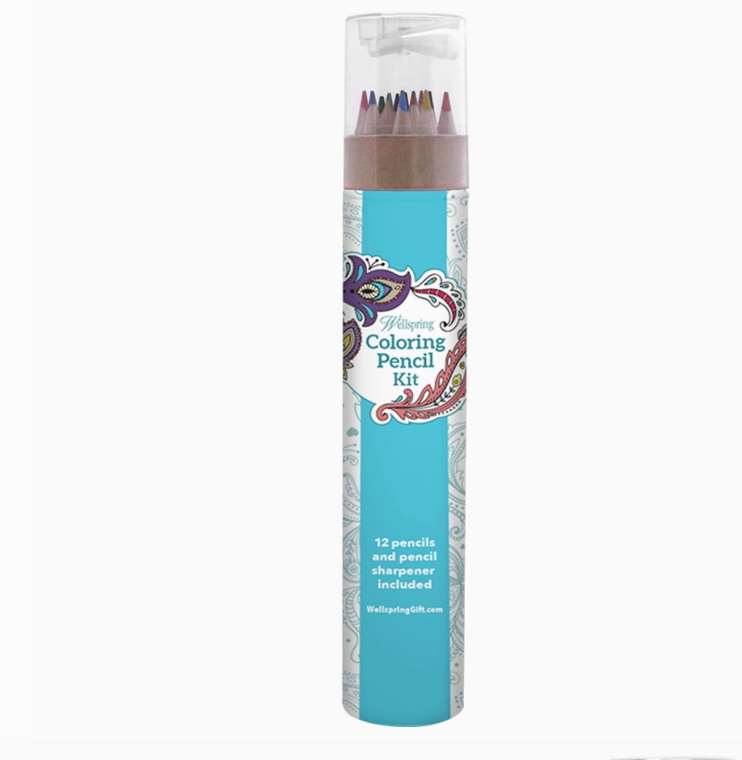 A Coloring Pencil Kit with a cylindrical container housing 12 colored pencils, featuring a blue label with decorative patterns.