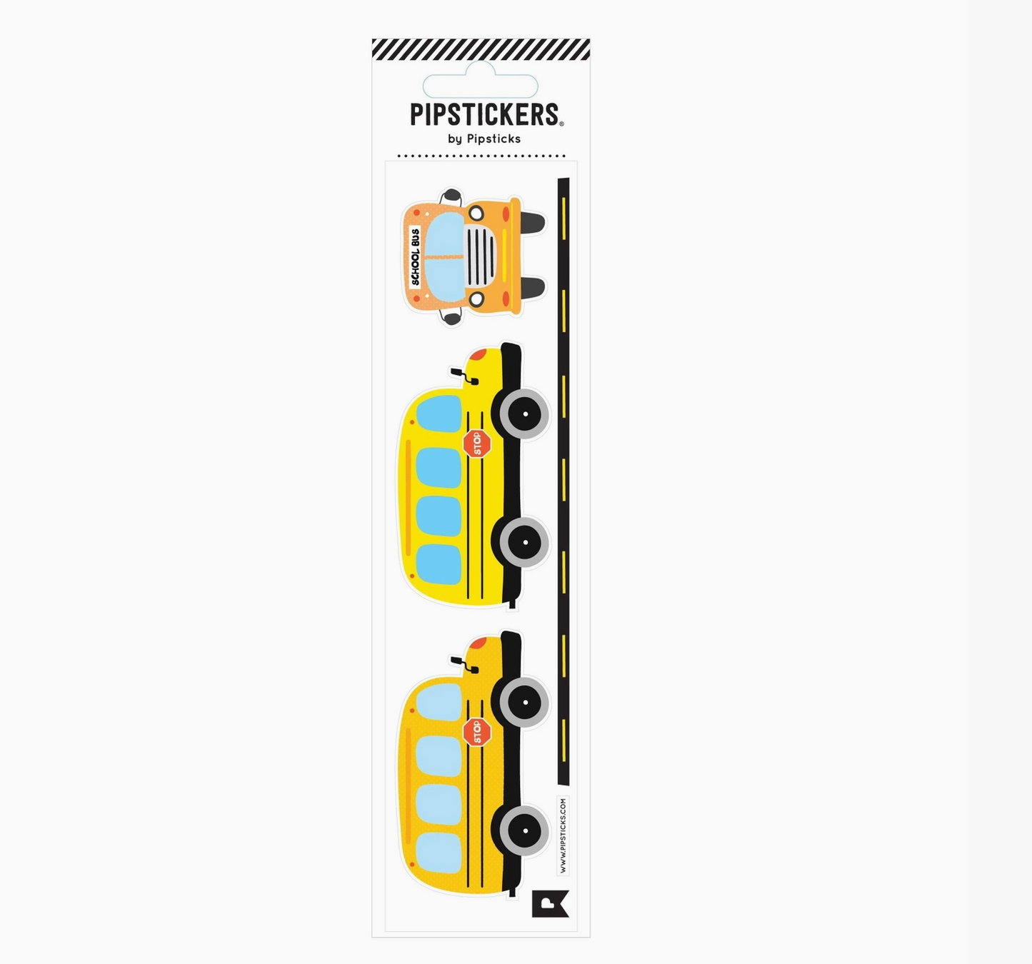 A sheet of school bus pipsticks by Piplsticks, featuring three yellow school buses with black wheels and red stop signs on a white background.
