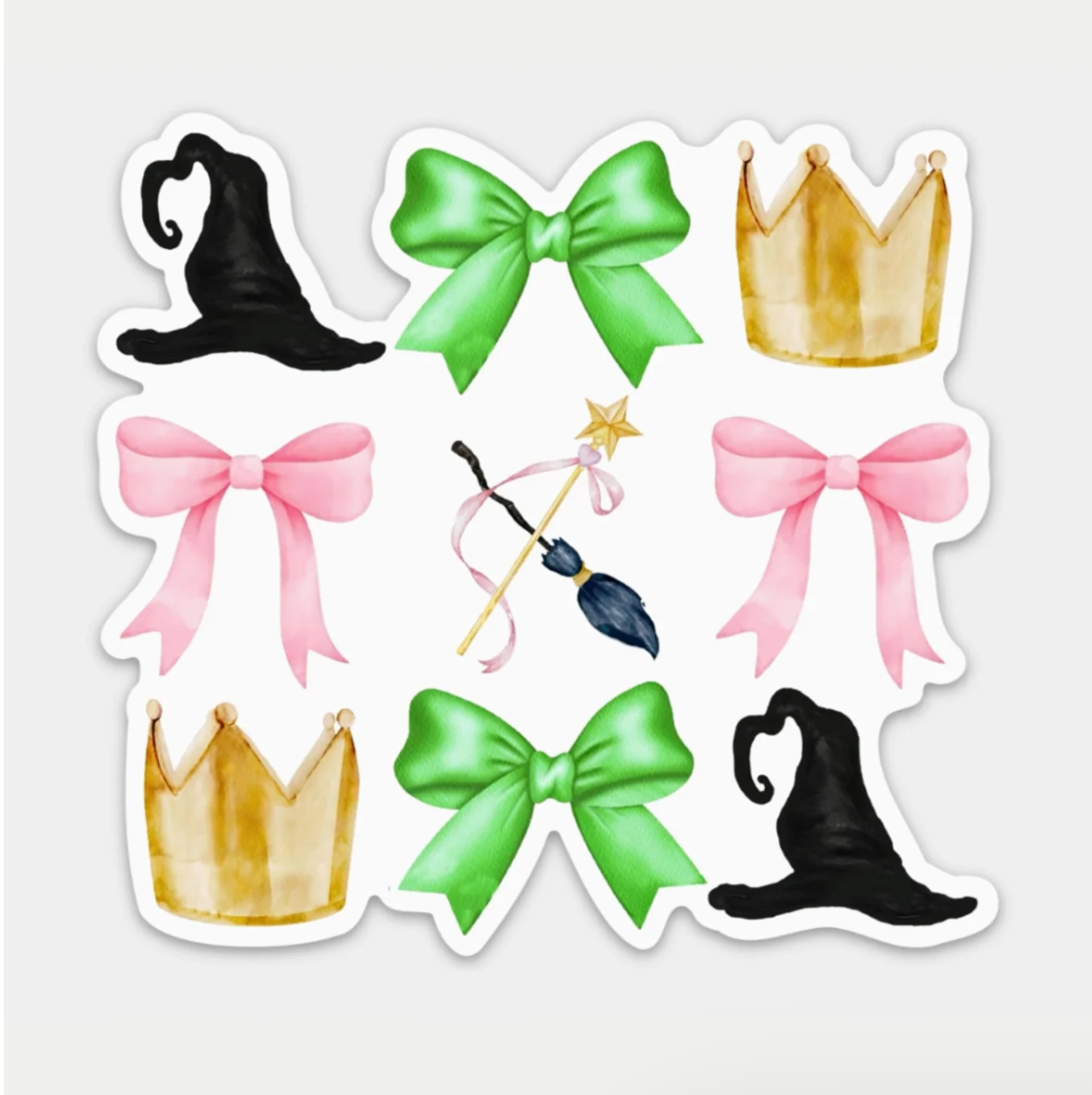 Set of decorative stickers featuring hats, bows, and crowns on a white background