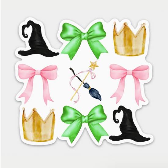 Set of decorative stickers featuring hats, bows, and crowns on a white background