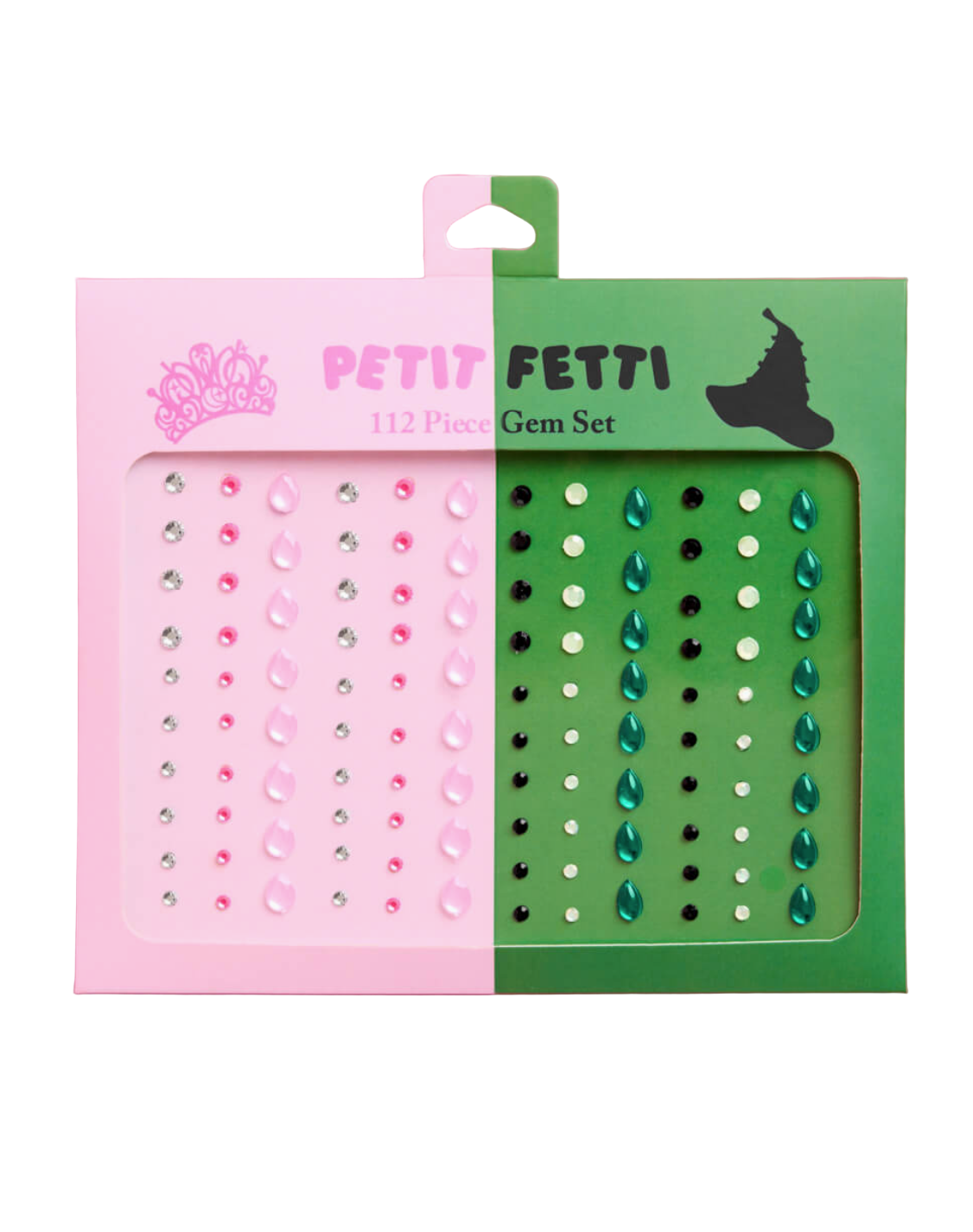 Two gem sets in pink and green packaging on a pink background