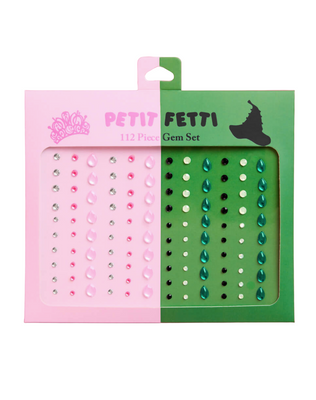 Two gem sets in pink and green packaging on a pink background