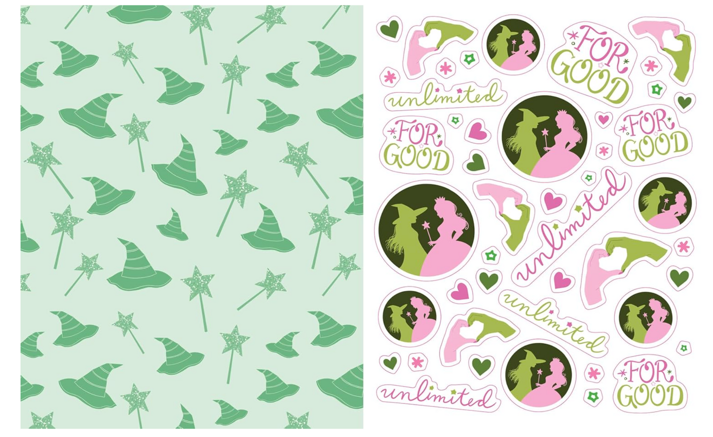 Packaging with green witch hat and broomstick pattern on one side and 'For Good' themed stickers on the other, featuring a fairy and text.