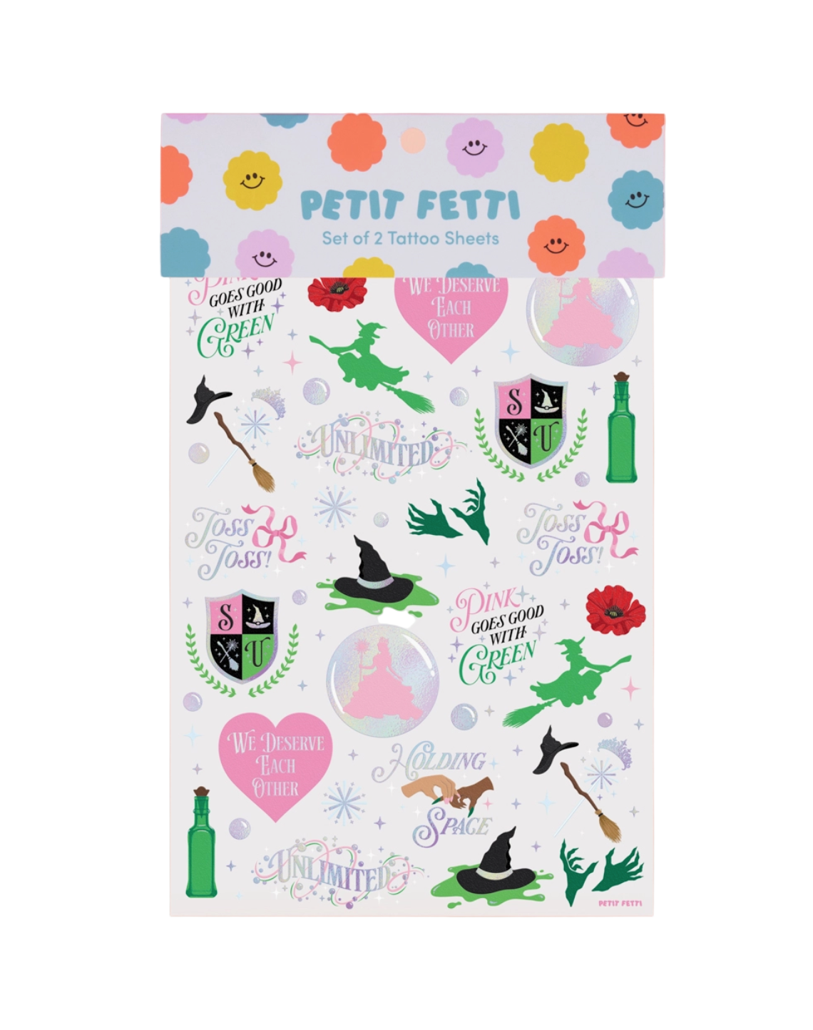 Petit Fetti tattoo sheets with colorful designs on a pink background