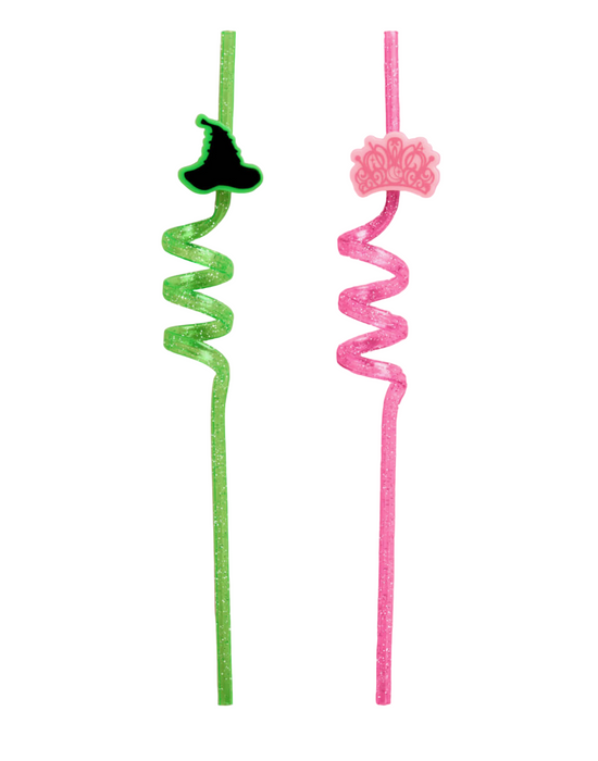 Two decorative straws with spiral designs on a pink background