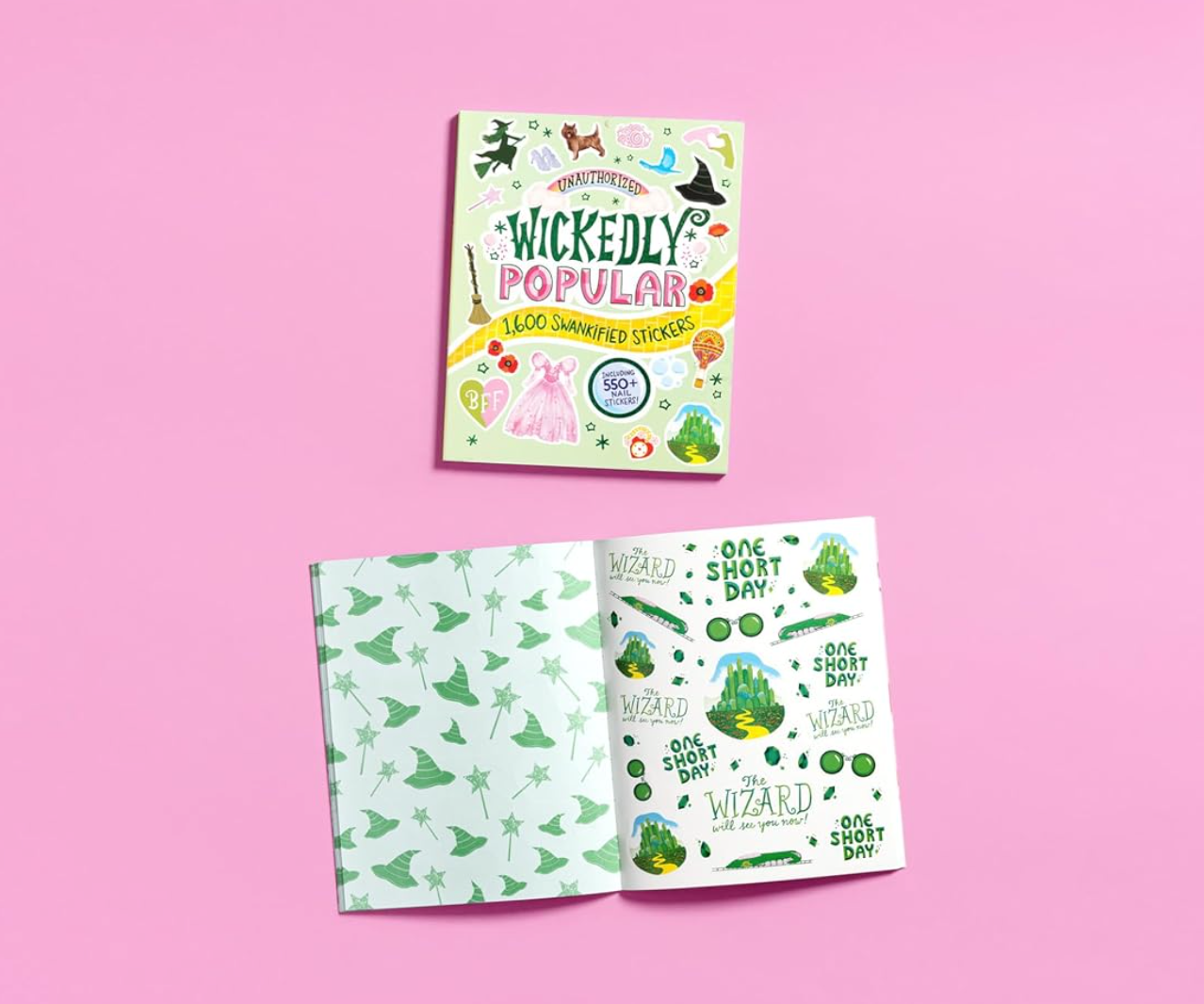 Sticker book titled 'Wickedly Popular' with open pages showing stickers on a pink background