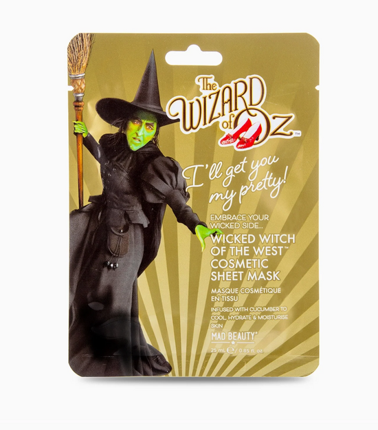 Cosmetic sheet mask packaging featuring the Wicked Witch of the West from 'The Wizard of Oz'.