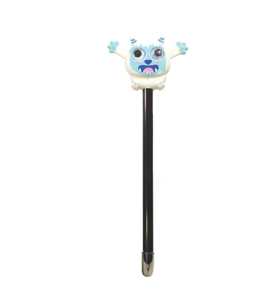 Pen with a cartoon character on top against a white background