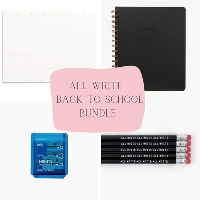Back to school bundle with planner, pink pouch, and pencils on a white background