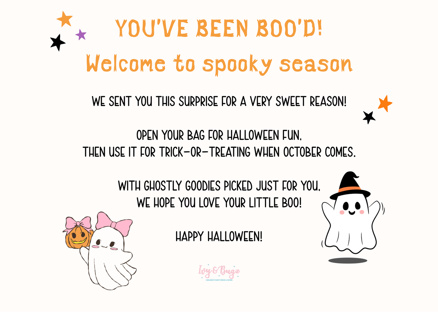 A Halloween-themed surprise gift card or note from Love & Beezle, reading 'YOU'VE BEEN BOO'D! Welcome to spooky season' with playful text and cute ghost illustrations on a cream background.