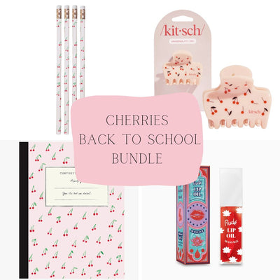 Back to school bundle with cherry-themed products including a notebook, lip balm, and stationery items.