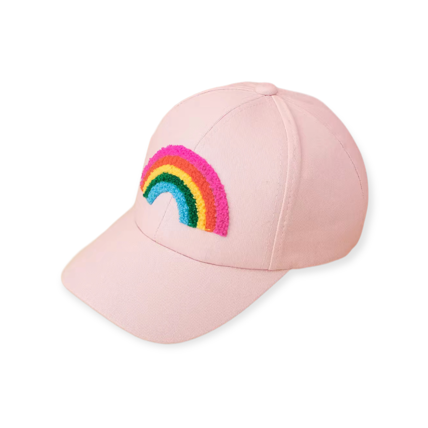 A light pink baseball cap featuring a colorful, textured embroidered rainbow patch on the front, set against a plain white background.