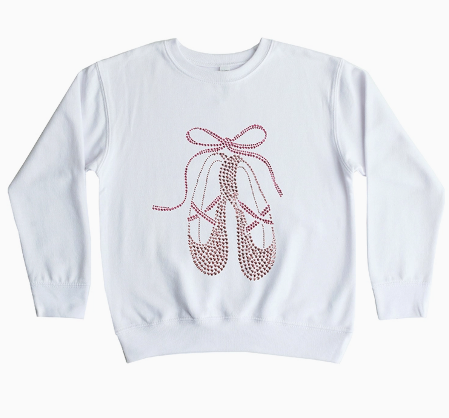White sweatshirt with red ballet slipper design on a white background