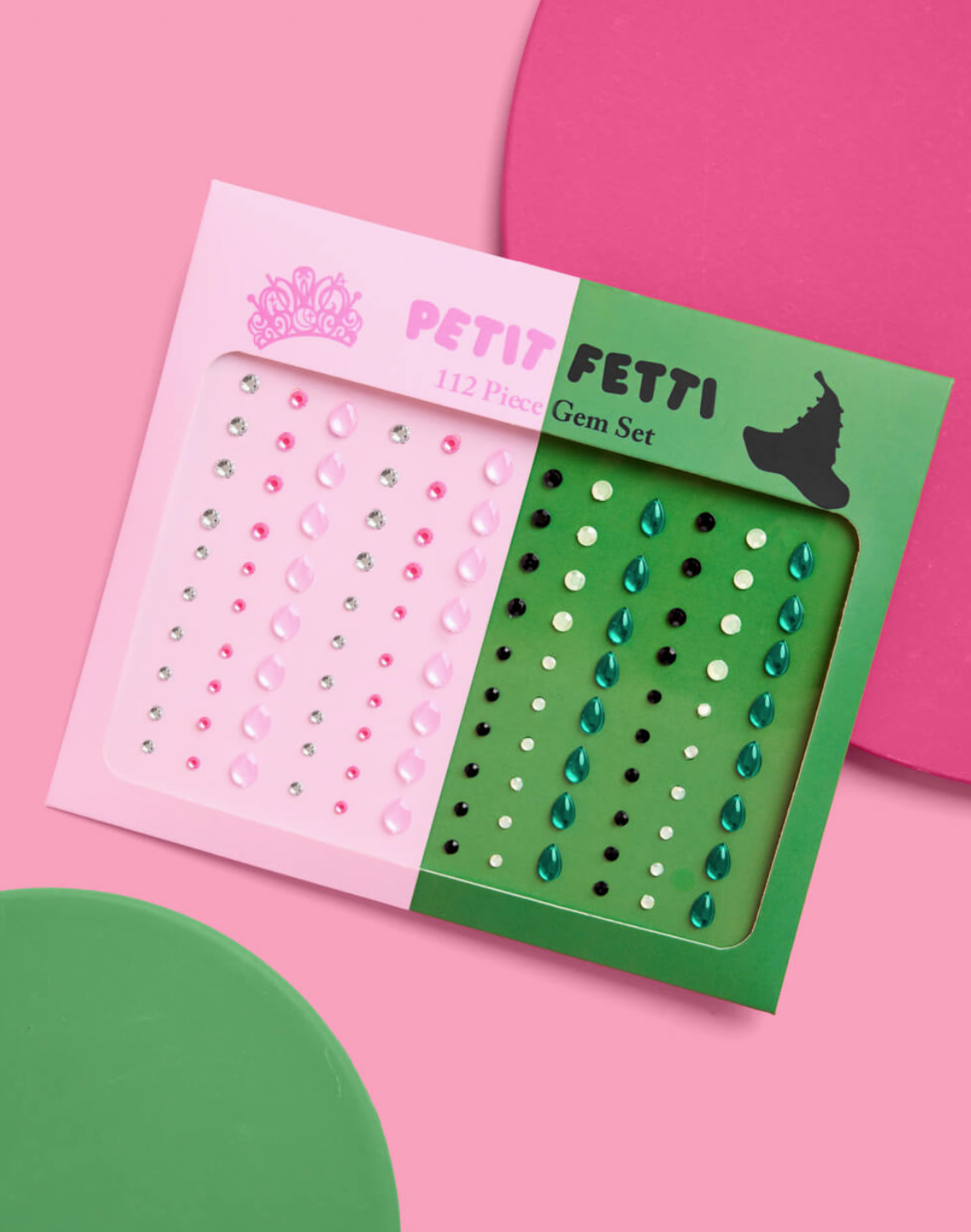 Petit Fetti gem set packaging on a pink background