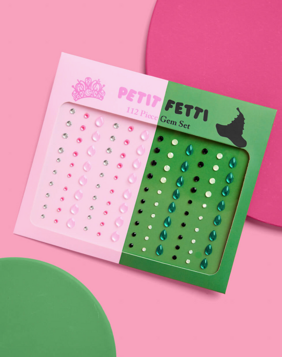Petit Fetti gem set packaging on a pink background