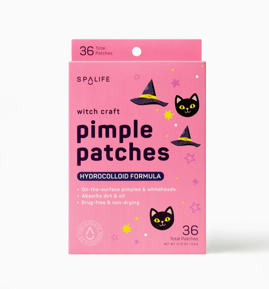 Spalife pimple patches packaging with pink background and Halloween-themed design.
