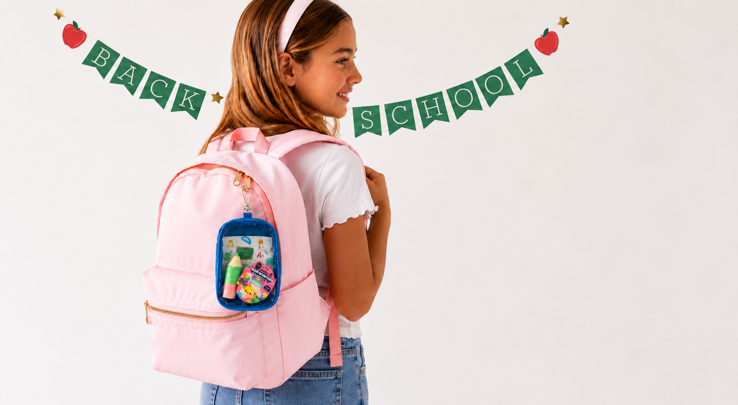 A young girl with a white headband is shown from the back wearing a light pink backpack with a blue and white water bottle pouch attached. She is standing in front of a white wall with a green 'BACK SCHOOL' banner decorated with red apples.