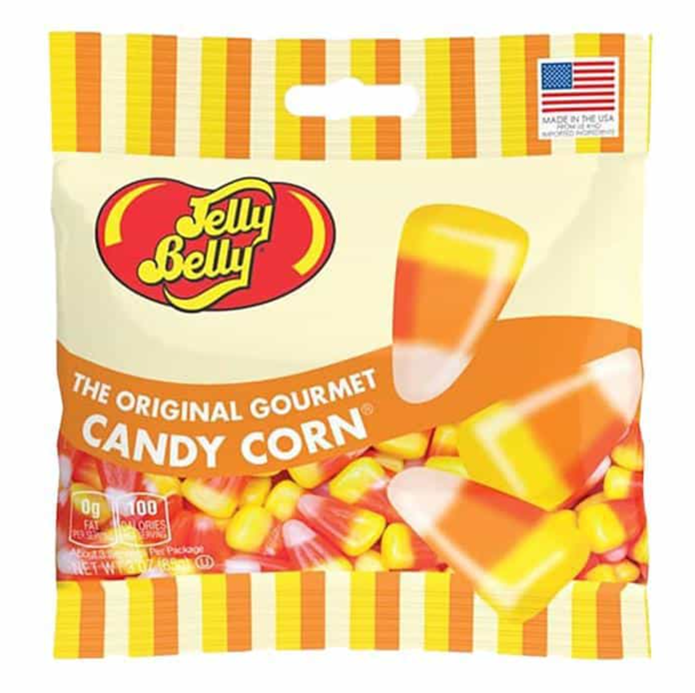 A bag of Jelly Belly The Original Gourmet Candy Corn, featuring the brand's red and yellow logo on a cream background with yellow and orange striped borders, and illustrations of candy corn pieces.