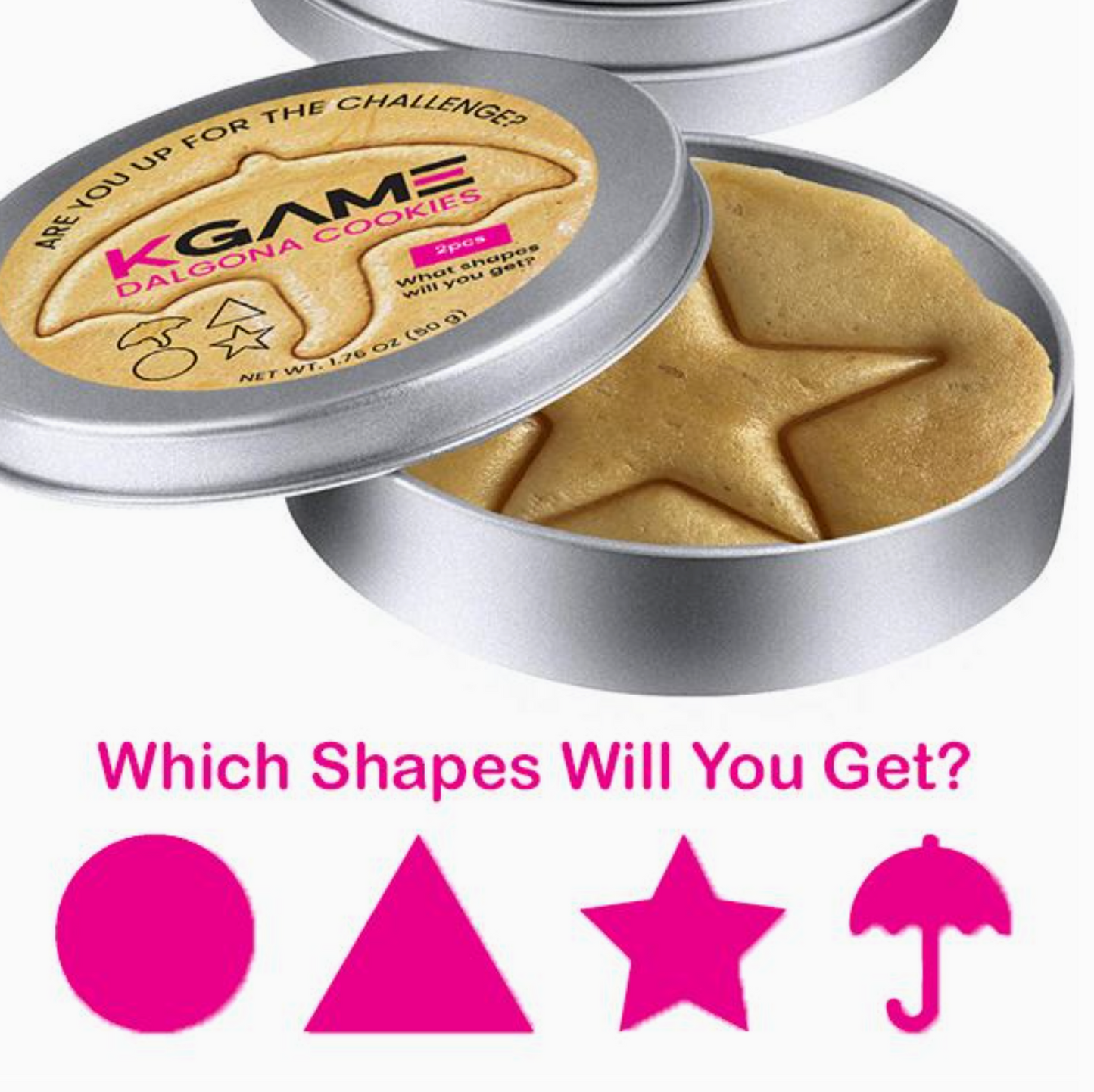 KGame Dalgona Cookies in a silver tin with star-shaped cookie and question about shapes on a white background