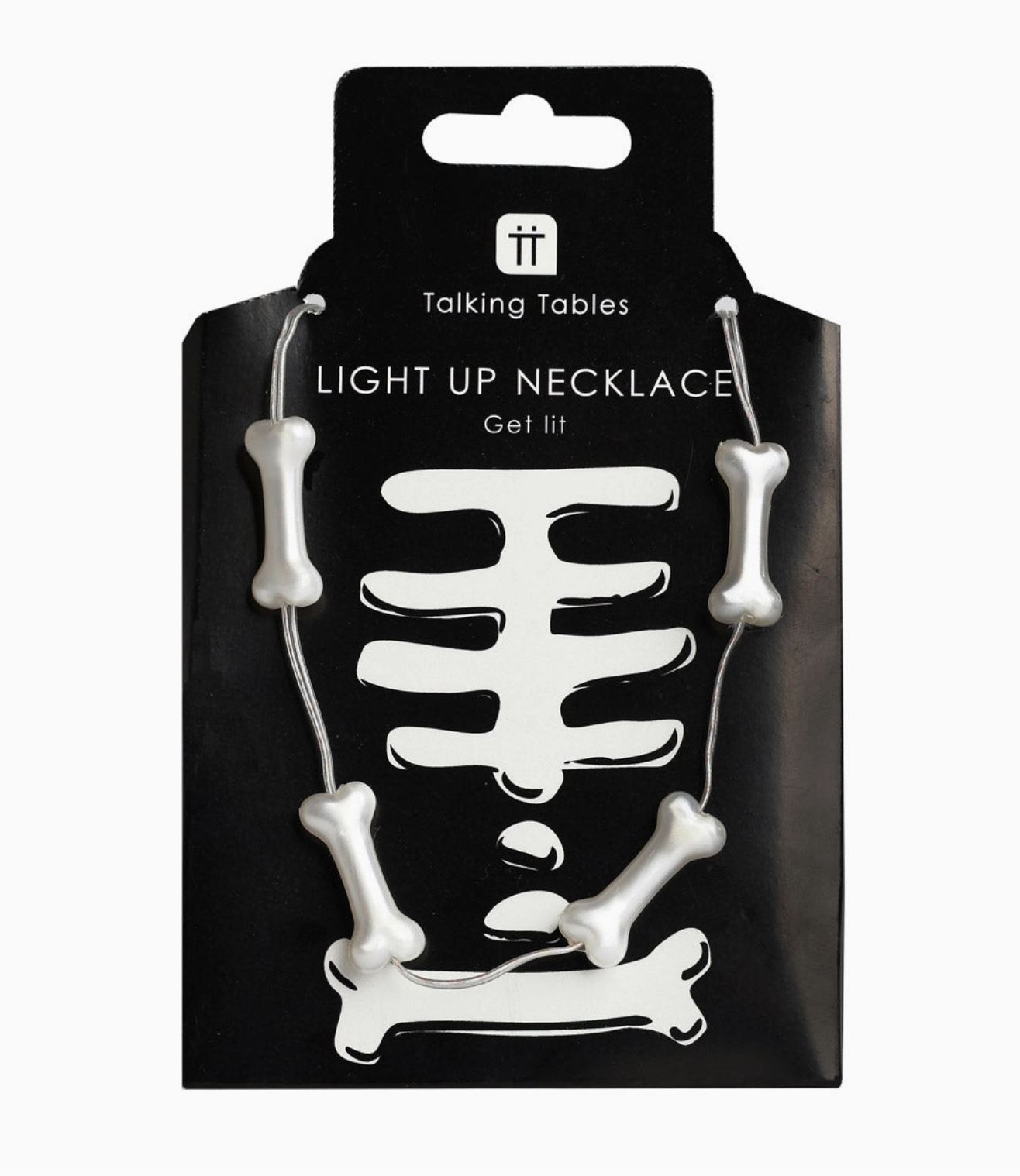 Skeleton design light-up necklace on black packaging with 'Talking Tables' branding.