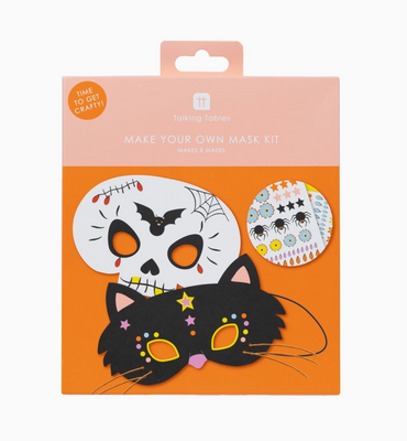 Make your own mask kit packaging with skull and cat designs on an orange background.