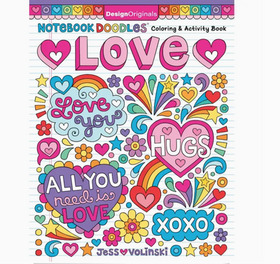 A coloring book cover with the word 'LOVE' depicted in colorful doodles, including hearts, flowers, and other related symbols.