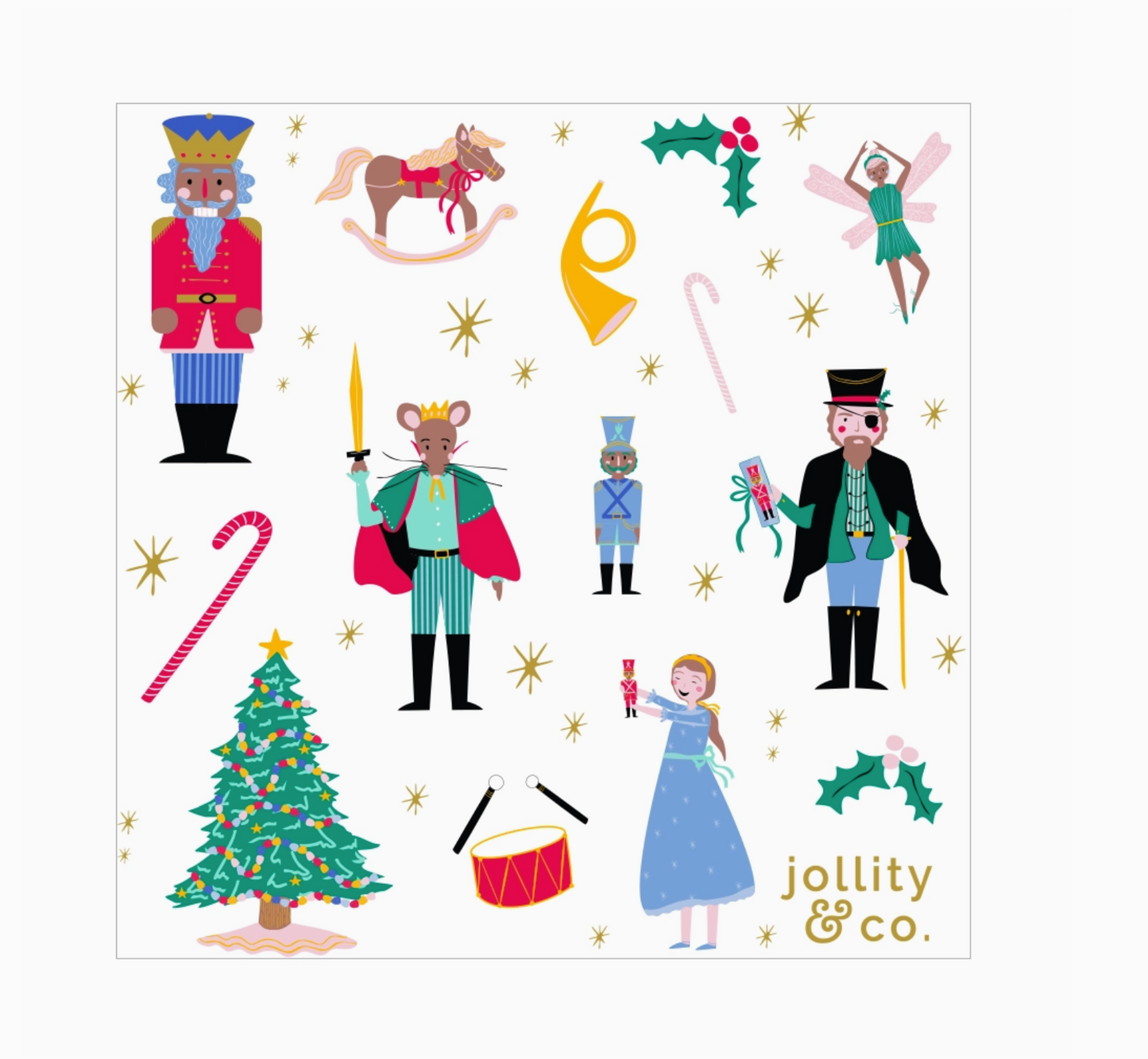 Illustrations of festive characters and objects with 'jollity & co.' branding on a white background.