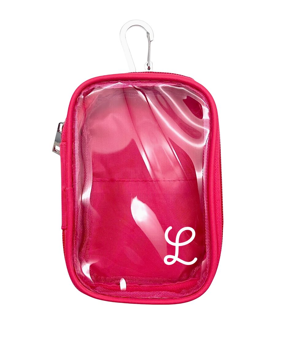 A bright pink clear plastic zippered pouch with a white hanging hook at the top and a white script 'L' logo on the front, shown on a plain white background.