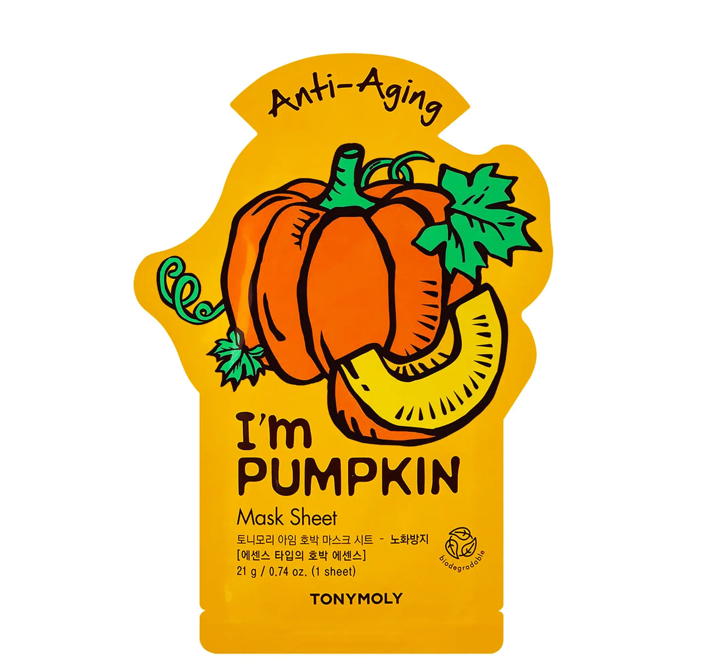 Pumpkin-themed mask sheet packaging with 'I'm Pumpkin' text on a white background
