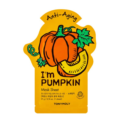 Pumpkin-themed mask sheet packaging with 'I'm Pumpkin' text on a white background