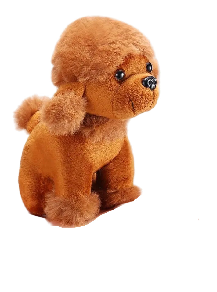 A small brown plush dog toy sitting on a person's hand, with a vertical measurement arrow and text indicating a height of 12cm (4.8 inches).