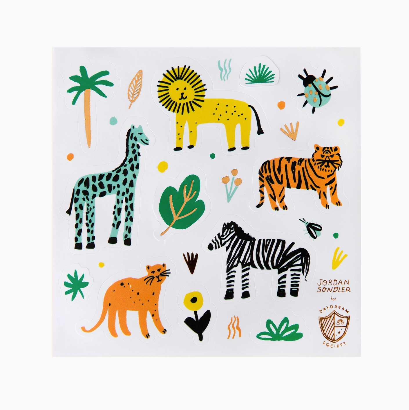 Sheet of colorful animal stickers featuring a lion, zebra, giraffe, and other animals on a white background.