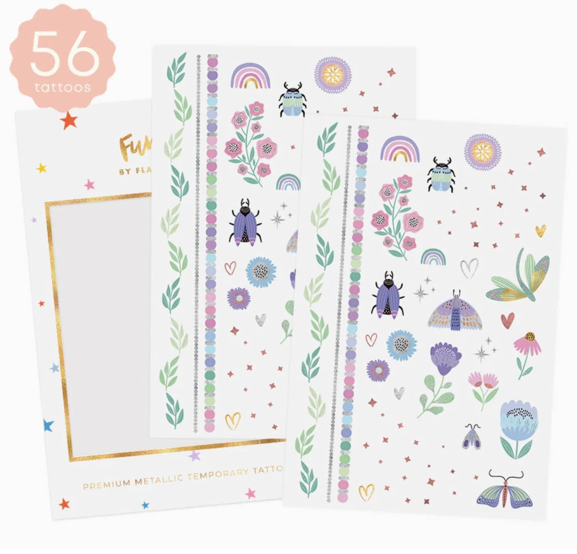 Three sheets of temporary tattoos with a gold foil frame sheet, decorated with cute pastel illustrations of flowers, beetles, butterflies, rainbows, and stars. A pink circular badge in the top left corner reads '56 tattoos'.