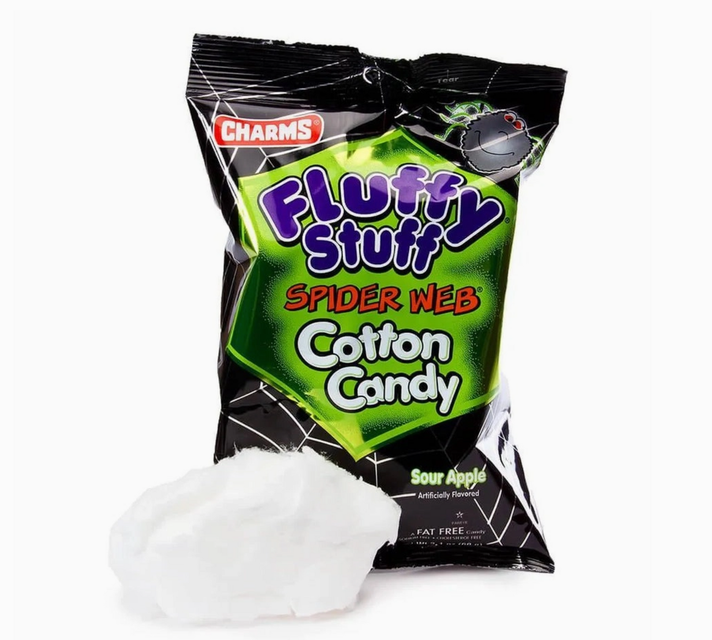 Packaged cotton candy with 'Fluffy Stuff' branding on a white background