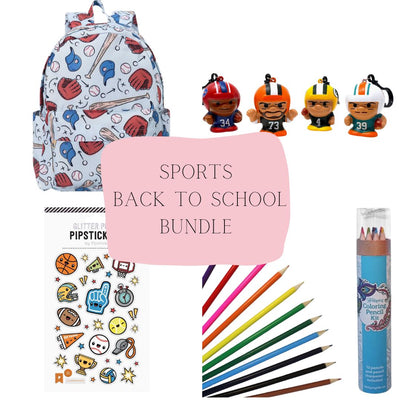 Sports-themed back-to-school bundle with backpack, coloring pencils, and figurines on a white background.