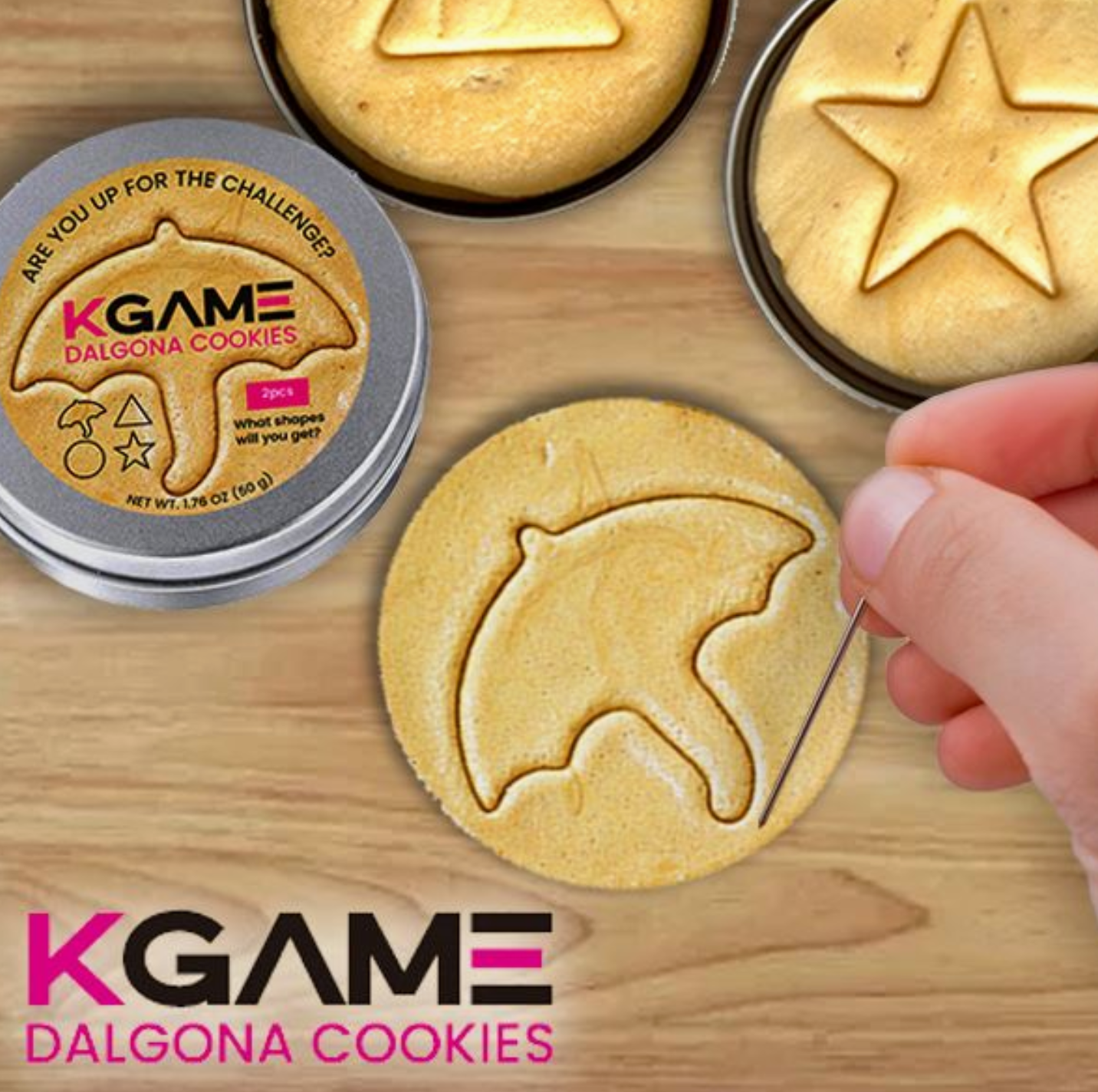KGame Dalgona Cookies with cookie cutters on a wooden surface