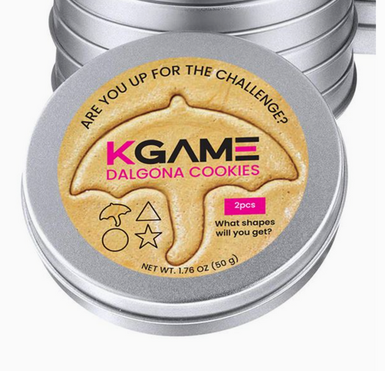 Dalgona cookies packaging with a metallic lid and cookie-shaped design.