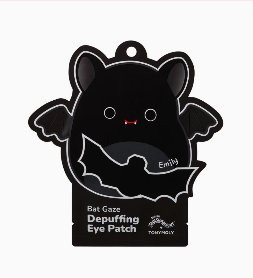 Black bat-shaped eye patch with 'Emily' branding on a white background