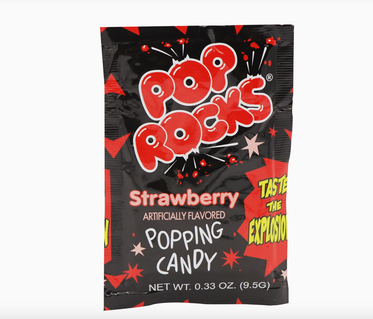 Pop Pack's Strawberry popping candy packaging on a white background