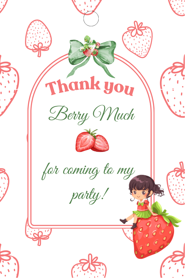 Thank you card with strawberry pattern and girl sitting on a strawberry