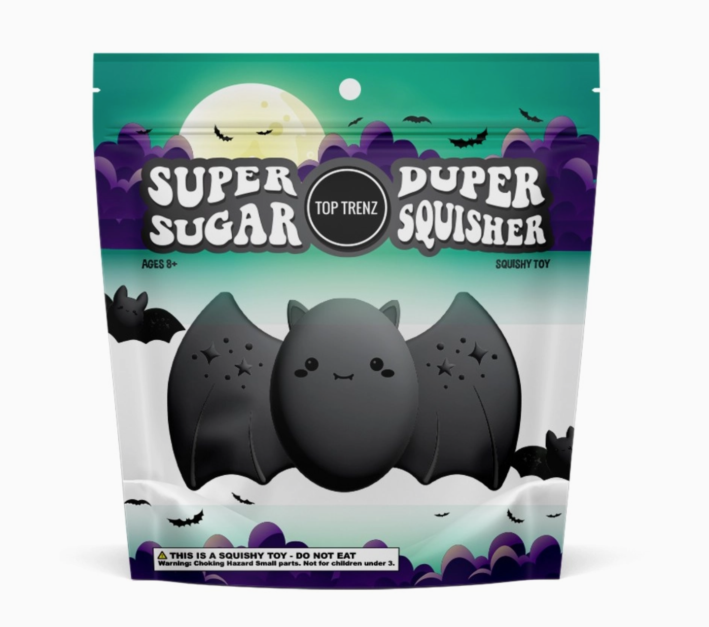 Super Sugar Duper Squisher packaging with a bat design on a Halloween-themed background