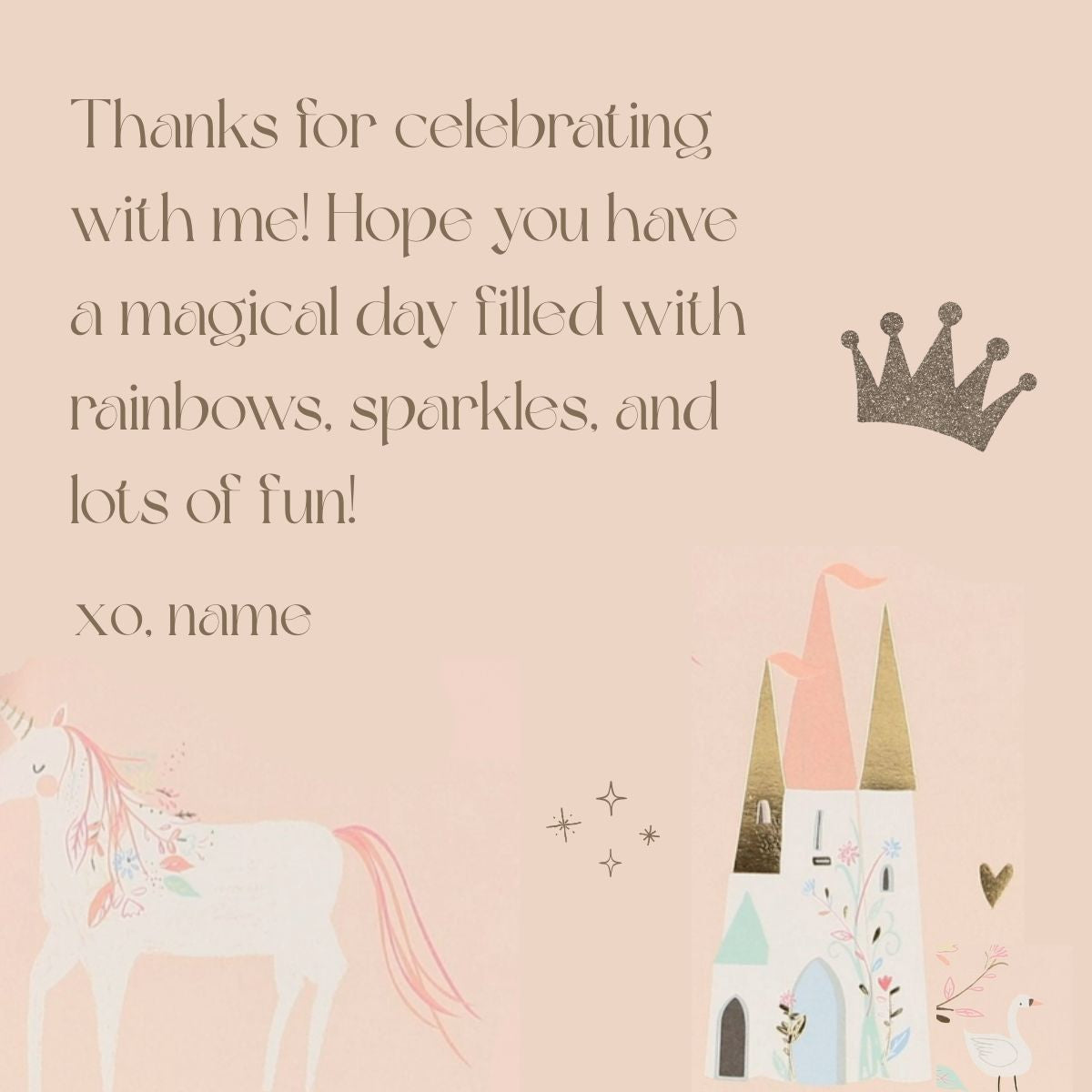 Greeting card with unicorn, castle, and crown on a pink background with text.