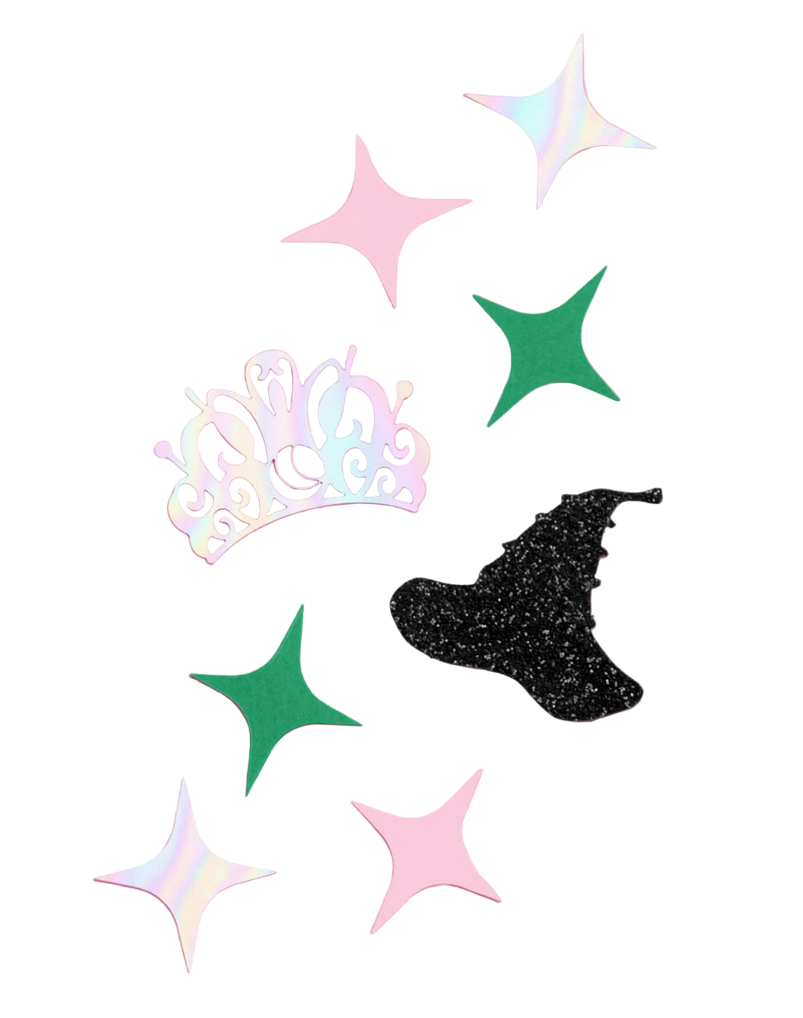 Decorative elements including a tiara and witch's hat on a pink background with stars.