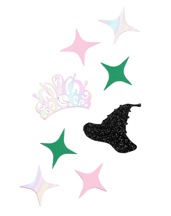 Decorative elements including a tiara and witch's hat on a pink background with stars.